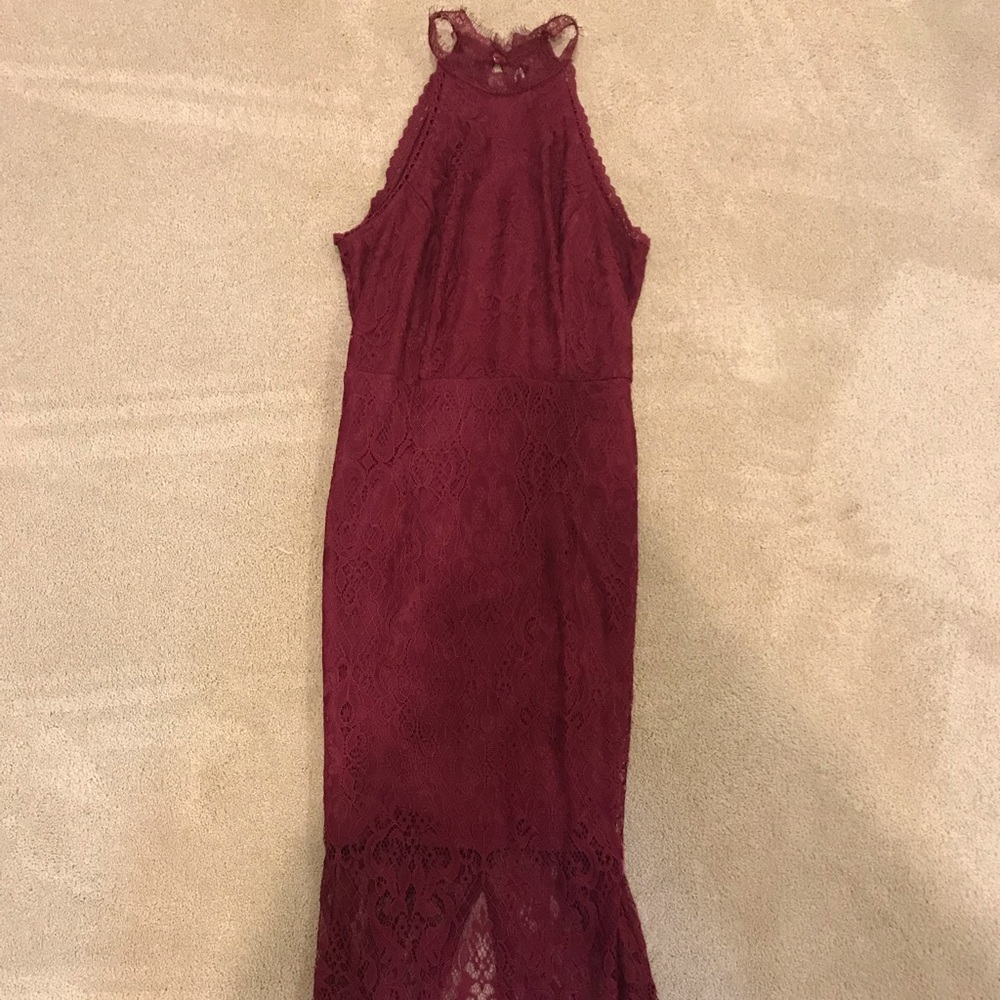 magenta lace halter bodycon midi dress
